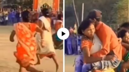 एक अनोखी स्पर्धा! साडी कमरेला खोचली अन् नवऱ्याला कडेवर घेऊन बायकोने घेतली धाव, मजेदार Video Viral