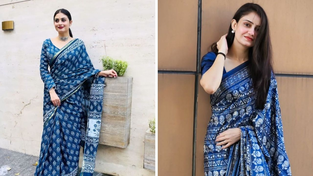 कॉटनमधील इंडिगो साडीची अजूनही महिलांमध्ये मोठी क्रेझ आहे. निळ्या रंगाच्या इंडिगो साडीवर तुम्ही कोणत्याही रंगाचा ब्लाऊज परिधान करू शकता. 