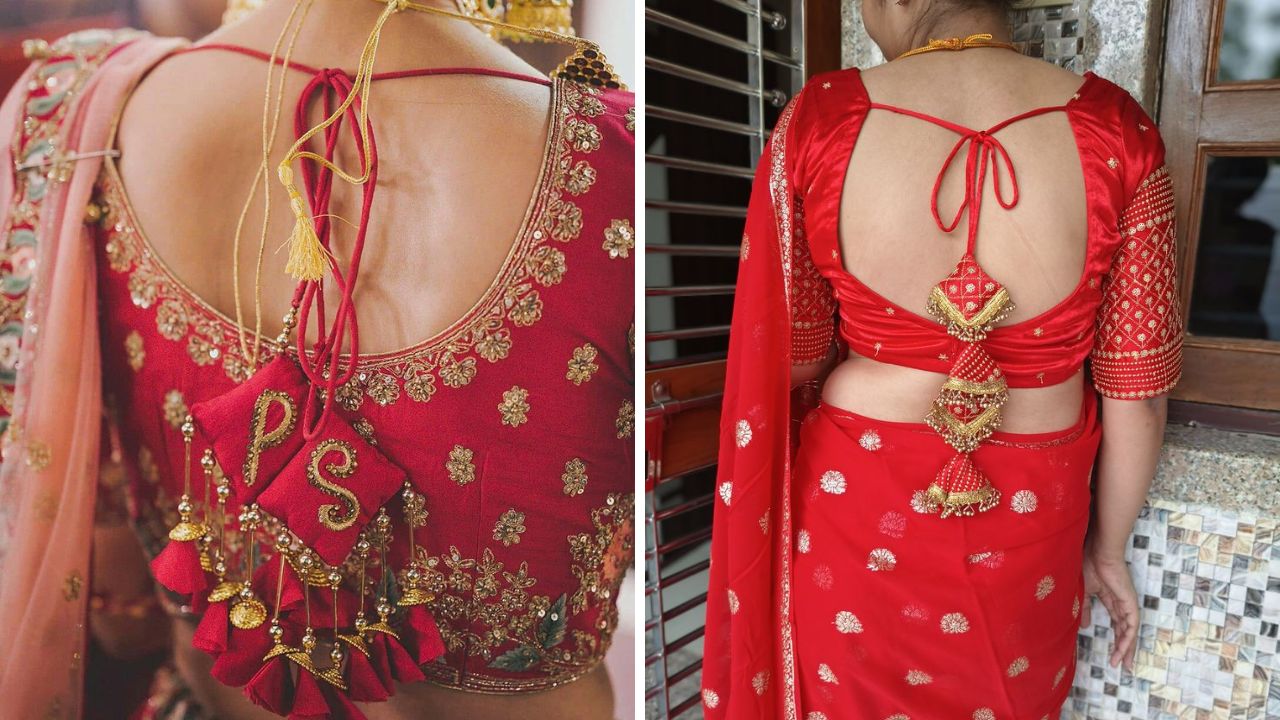 डिझायनर साडीवर ब्लाऊज शिवताना मागील गळ्याला आरी वर्क किंवा स्टोन वर्क केलेले लटकन तुम्ही लावू शकता. आरी वर्क लटकन किमतीने महाग असतात. 