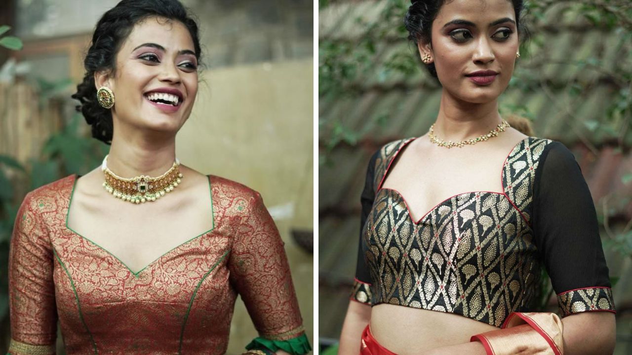 स्वीटहार्ट नेक ब्लाऊजची महिलांमध्ये मोठी क्रेझ आहे. साऊथ इंडियन फॅब्रिक असलेल्या साडीवर स्वीटहार्ट नेक ब्लाऊज शिवून घेऊ शकता. यामध्ये अनेक वेगवेगळ्या पर्याय सुद्धा उपलब्ध आहेत. 