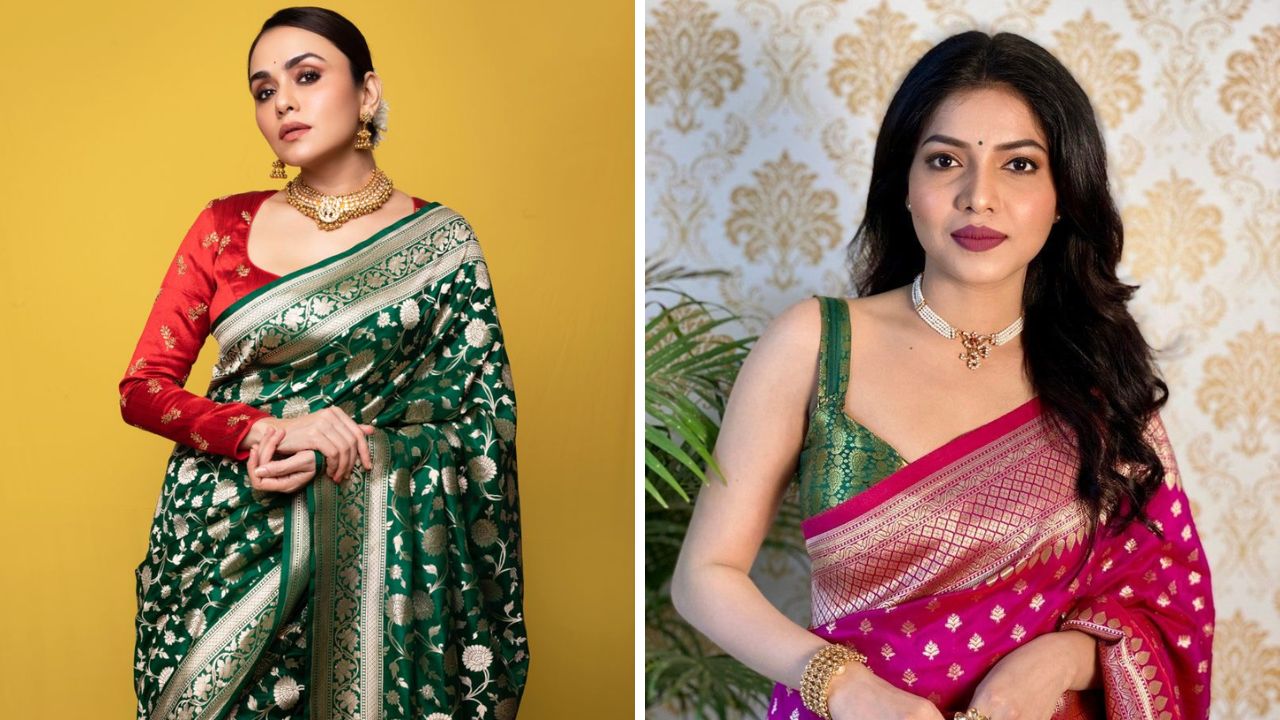 सणावाराच्या दिवसांमध्ये बनारसी साडी अतिशय आवडीने नेसली जाते. या साडीवरील लुक अतिशय रॉयल आणि स्टायलिश दिसतो. त्यामुळे तुम्ही लाल, हिरव्या किंवा जांभळ्या रंगाची बनारसी साडी नेसू शकता. 