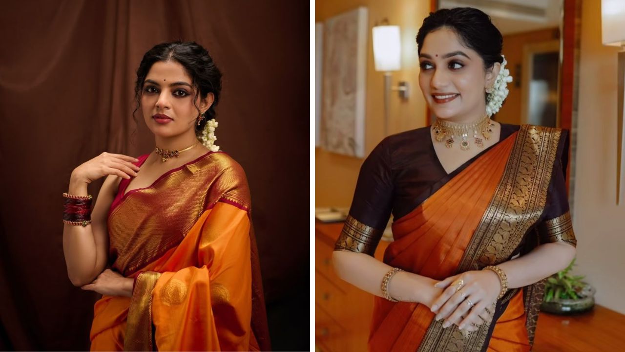 नवरात्रीच्या सातव्या माळेचा रंग नारंगी. केशरी रंगाची सिल्क साडी तुम्ही नवरात्री उत्सवामध्ये नेसू शकता. 