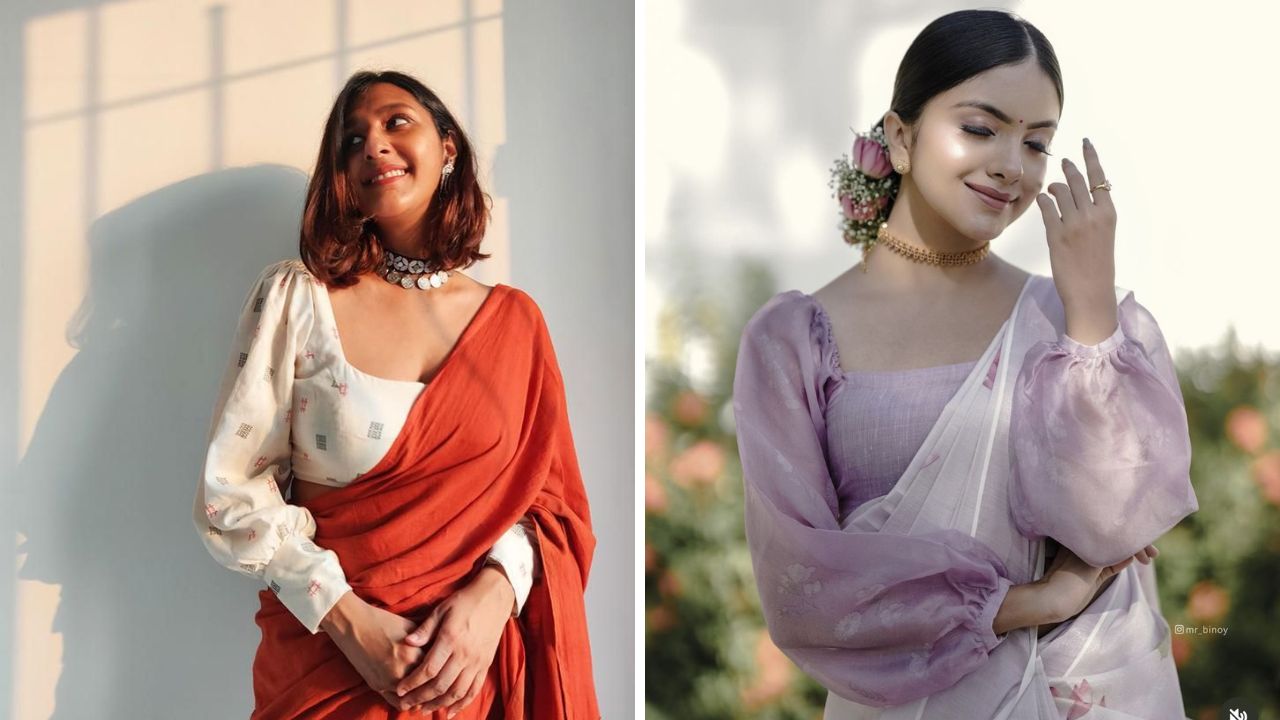 कॉटन किंवा शिफॉन फॅब्रिकमध्ये साडी नेसल्यानंतर तुम्ही या पद्धतीने फुग्यांच्या हाताचे ब्लाऊज शिवून घेऊ शकता. हे ब्लाऊज खूप स्टायलिश आणि आकर्षक लुक देतात. 