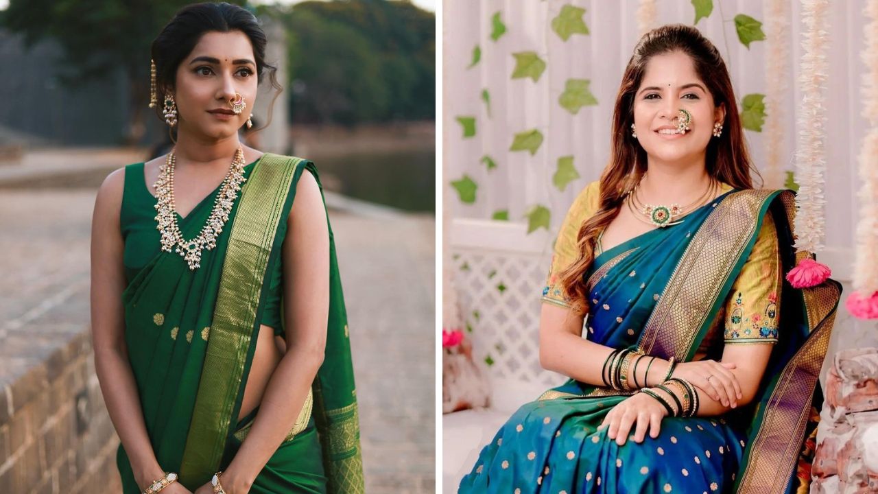 सोन्याची जर असलेल्या पैठणी साडीवर आरी वर्क केलेले सुंदर ब्लाऊज सुंदर दिसेल. काहींना पदराच्या बारीक बारीक प्लेट काढायला खूप जास्त आवडतात. साडीवरील लुक पूर्ण करण्यासाठी गळ्यात एखादा मराठमोळा दागिना परिधान करावा. 