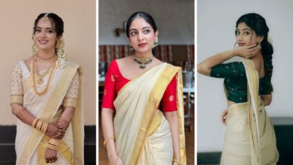 ओणमनिमित्त पांढऱ्या रंगाच्या साडीवर घाला ‘या’ रंगाचे कॉन्ट्रास्ट ब्लाऊज, लुक दिसेल आकर्षक