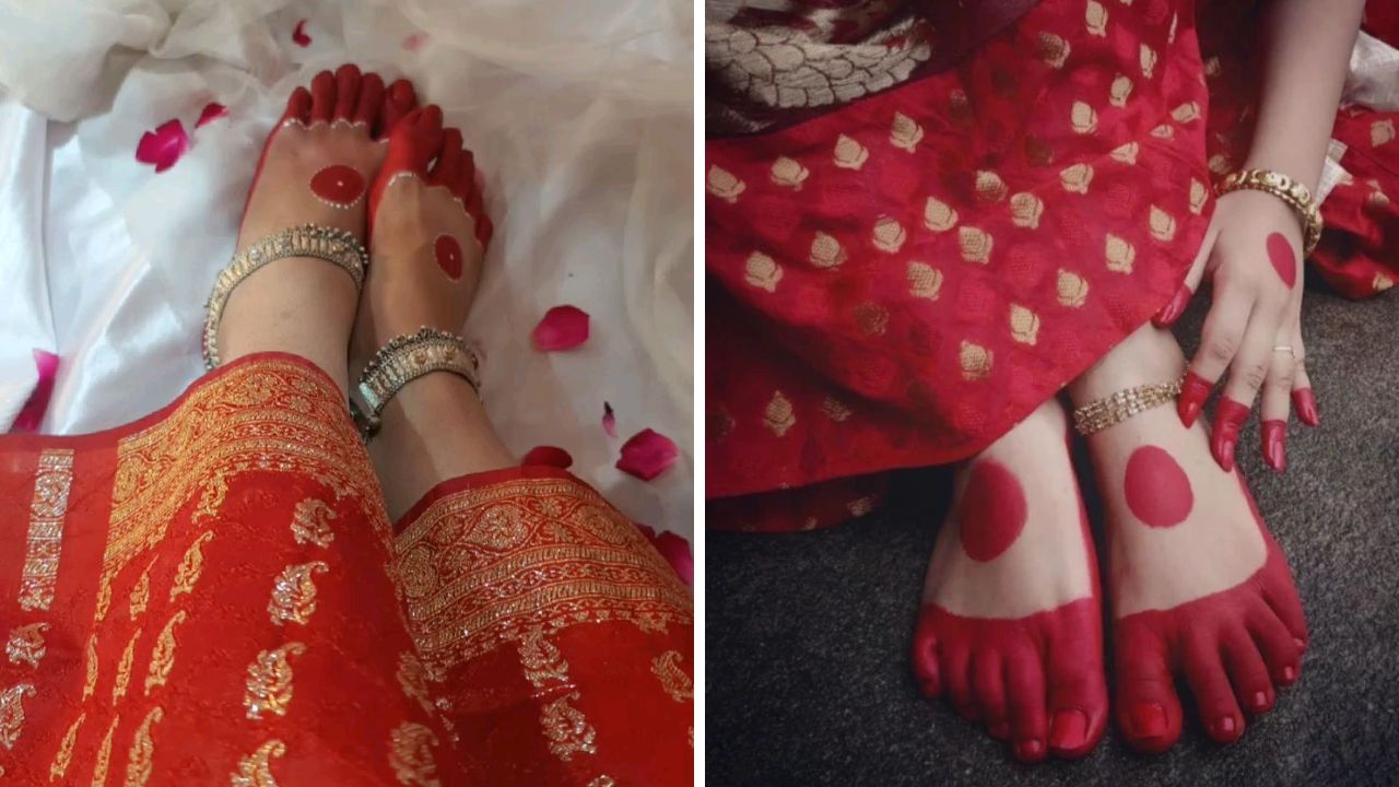 पायांच्याबी मध्यभागी सुंदर फुले काढून बाजूने पांढऱ्या गंधने सुंदर सुंदर नक्षीकाम करू शकता. गोल ठिपके अतिश सुंदर दिसतात. 