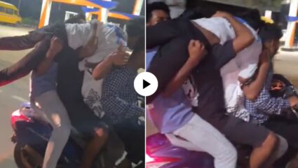 स्टंट बहाद्दरांचा नवा प्रताप! एका स्कूटीवर पाच जण; चौघे खाली तर एक वर; गाडीवरच्या कसरतीची Video Viral
