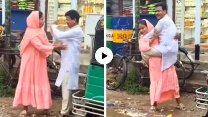 काकींचा विषयच हार्ड ए…! रस्ता पार करण्यासाठी थेट काकांना घेतलं कडेवर अन् युजर्स म्हणाले, “बायको हवी तर अशी”; Video Viral
