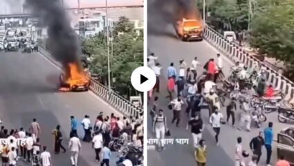 उड्डाणपुलावर जळती कार लोकांवर आली धावून… उलटे पाय धरून लोकांना काढला पळ, सर्वत्र एकच गोंधळ अन् Video Viral