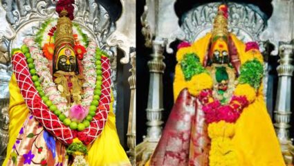 Shardiya Navratri 2025 : चौथ्या माळेचा रंग पिवळा; आई तुळजाईचा उदो उदो, भाळी मळवट, भंडाऱ्याची उधळली मूठ