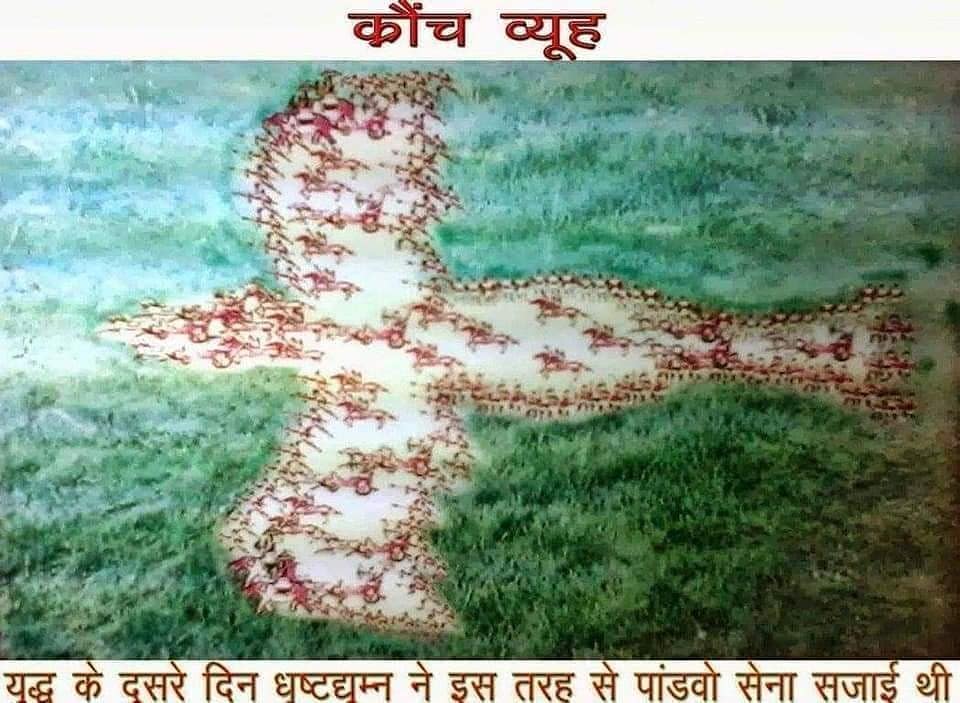 पक्षासाठी दिसरणारी ही क्रौंचव्यूह फार घातक मानली जाते. या व्यूहरचनेत महारथी पुढे असतात तर राखीव सैन्य पंखांप्रमाणे शेजारी पसरलेले असतात. राखीव सैन्य आणि छावणी मागे असते.