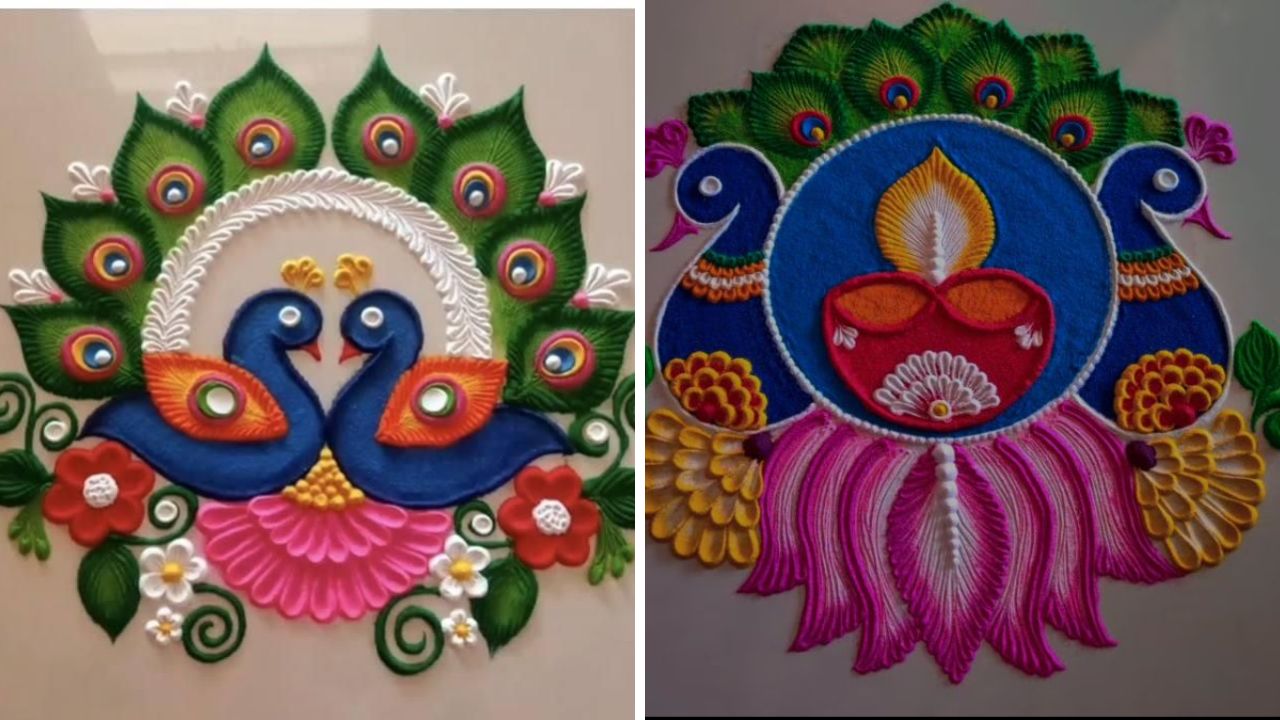 मोराच्या डिझाईनची रांगोळी अंगणाची शोभा वाढवते. त्यामुळे या डिझाईनची मोराची रांगोळी तुम्ही सहज काढू शकता. ही रांगोळी काढताना वेगवेगळ्या रंगाचा वापर केल्यास रांगोळी अतिशय सुंदर दिसेल. 