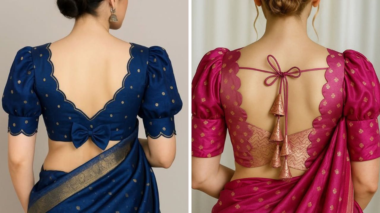 ब्लाऊजच्या मागील गळ्याला तुम्ही या पद्धतीने डिझाईन सुद्धा करू शकता. याशिवाय फुलांच्या पाकळ्यांमध्ये केलेली डिझाईन खूप जास्त उठावदार दिसते.