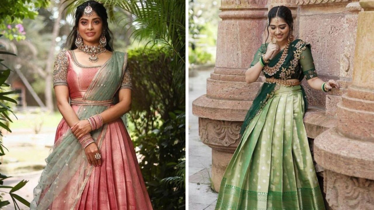 हाफ साडी नेसताना साडी स्कर्टसारखी नेसवली जाते. त्यानंतर ओढणी किंवा दुसरी साडी घेऊन पुन्हा एकदा गुंडाळून साडीचा पदर काढला जातो. याशिवाय तुम्ही साडीला मॅच होईल अशा ओढणीचा सुद्धा वापर करू शकता. 