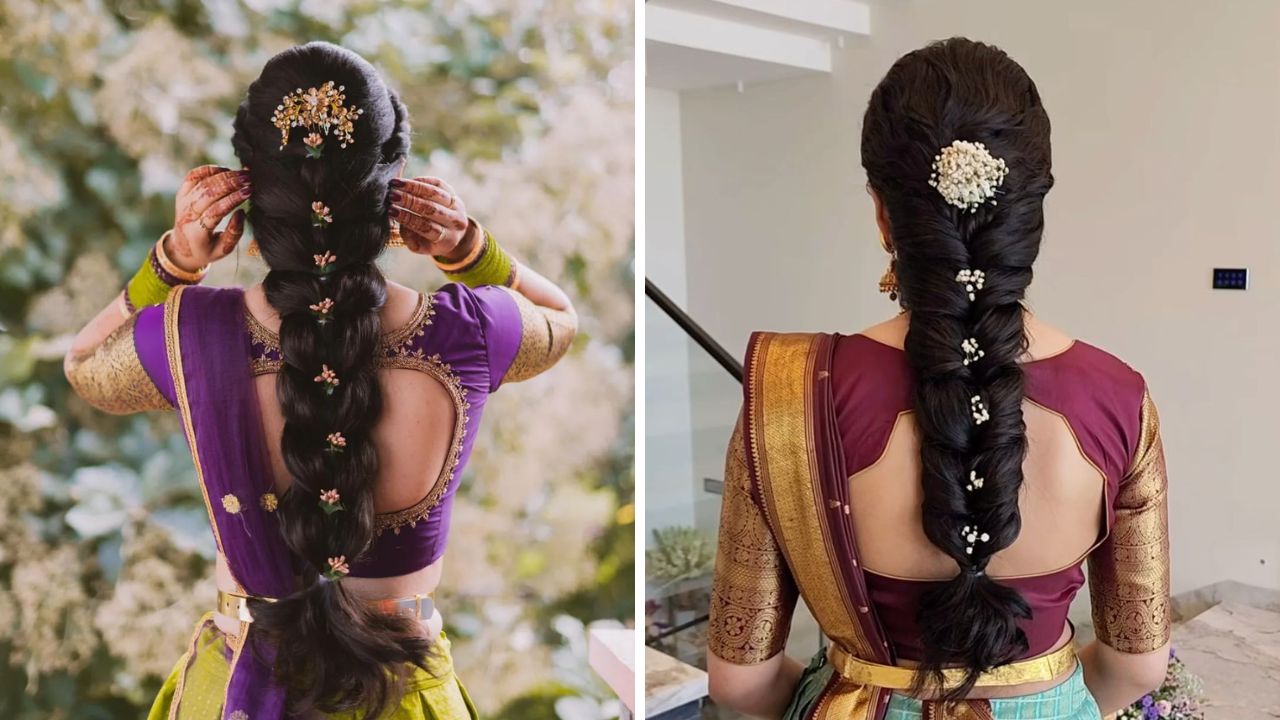 लांब केस असलेल्या महिला प्रामुख्याने केसांची वेणी घालतात. पण तुम्ही लुक आणखीनच सुंदर करण्यासाठी या पद्धतीने केसांमध्ये वेणी घालून त्यावर सुंदर रंगीत फुलांचे गजरे घालू शकता. 