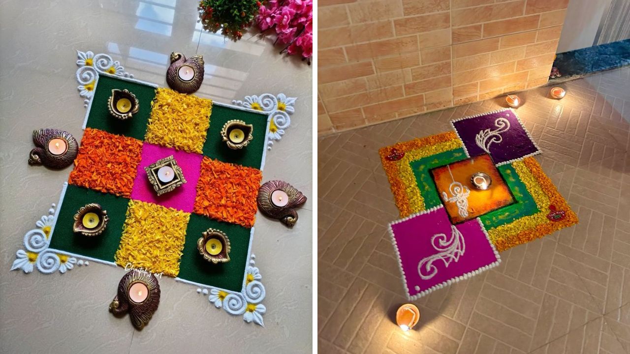 दिव्यांची आरास करून काढलेली रांगोळी लक्ष्मीपूजनाच्या दिवशी अतिशय सुंदर दिसेल. बाजारात मेणाचे किंवा पाण्यावरील दिवे  उपलब्ध आहेत. या दिव्यांचा वापर करून तुम्ही आकर्षक रांगोळी काढू शकता. 