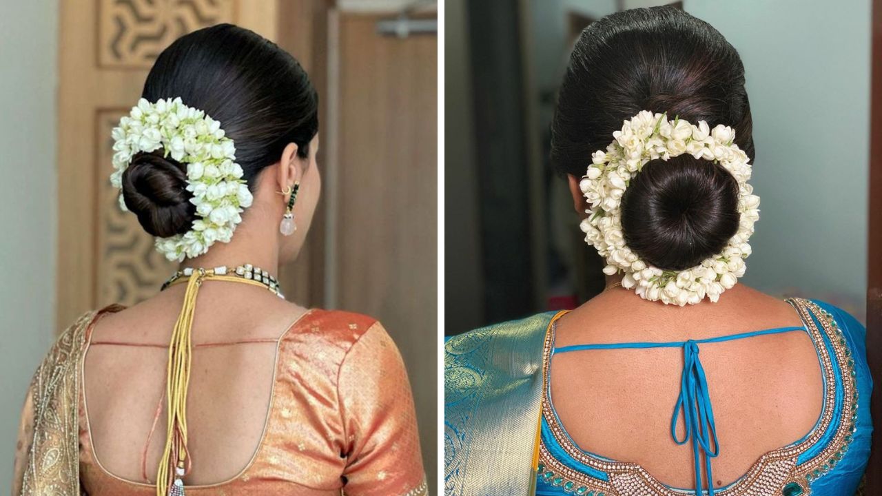 अंबाडा घालून त्यावर मोगऱ्याच्या फुलांचा गजरा घातल्यास लुक पारंपरिक दिसेल. पैठणी किंवा कांजीवरम सिल्क साडी नेसल्यानंतर या पद्धतीने केलेली हेअर स्टाईल सुंदर दिसेल. 