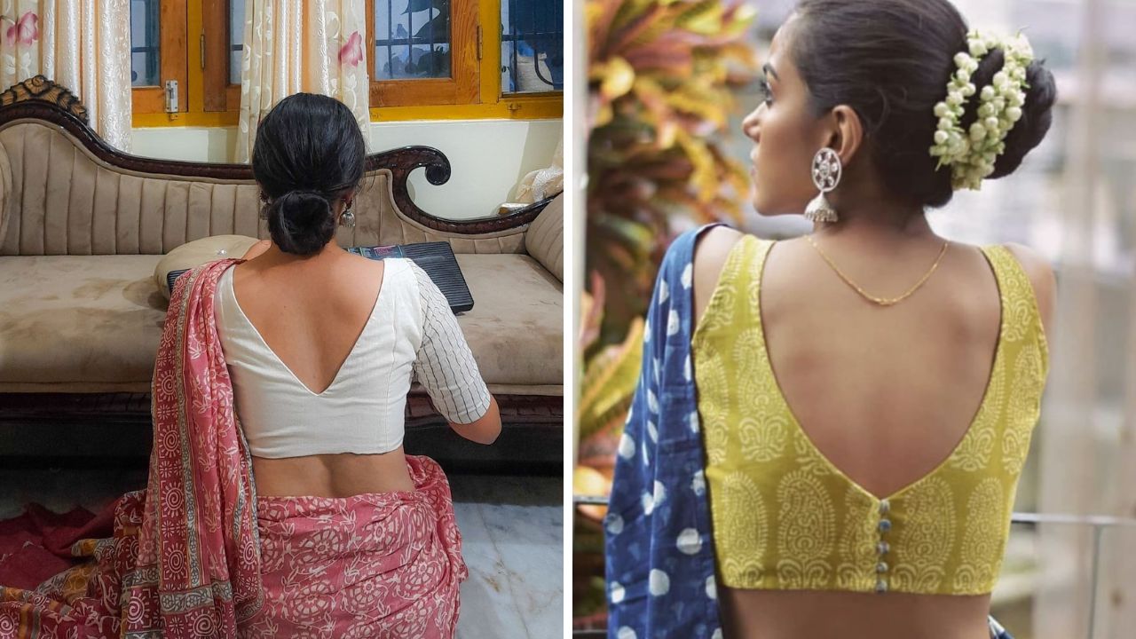 काठपदर किंवा पैठणी साडी खरेदी केल्यानंतर त्यावर तुम्ही व्ही शेप असलेला ब्लाऊज शिवून घेऊ शकता. व्ही शेप ब्लाऊजवर आरी वर्क सुद्धा सुंदर दिसते.