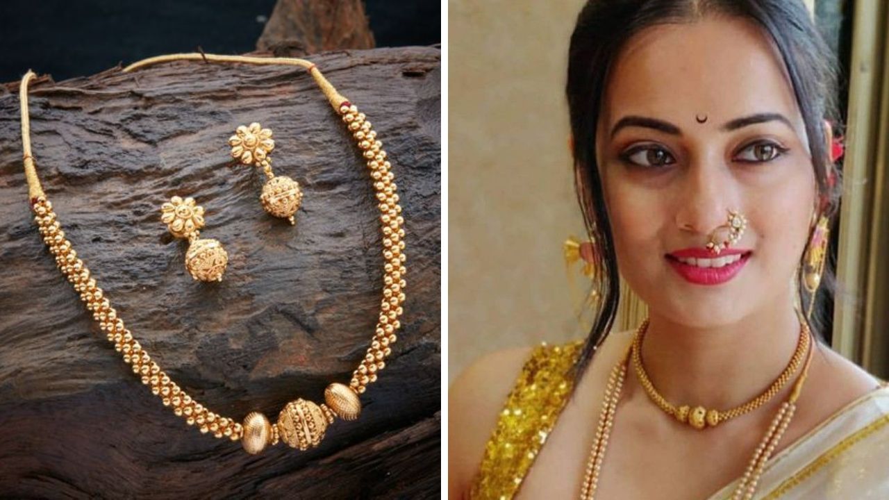 पैठणी साडीवर तुम्ही ठुशी दागिना परिधान करू शकता. नाजूक साजूक बारीक मण्यांची ठुशी कोणत्याही साडीवर अतिशय सुंदर दिसते. ठुशी तयार करताना सोन्याच्या मण्यांचा वापर केला जातो.