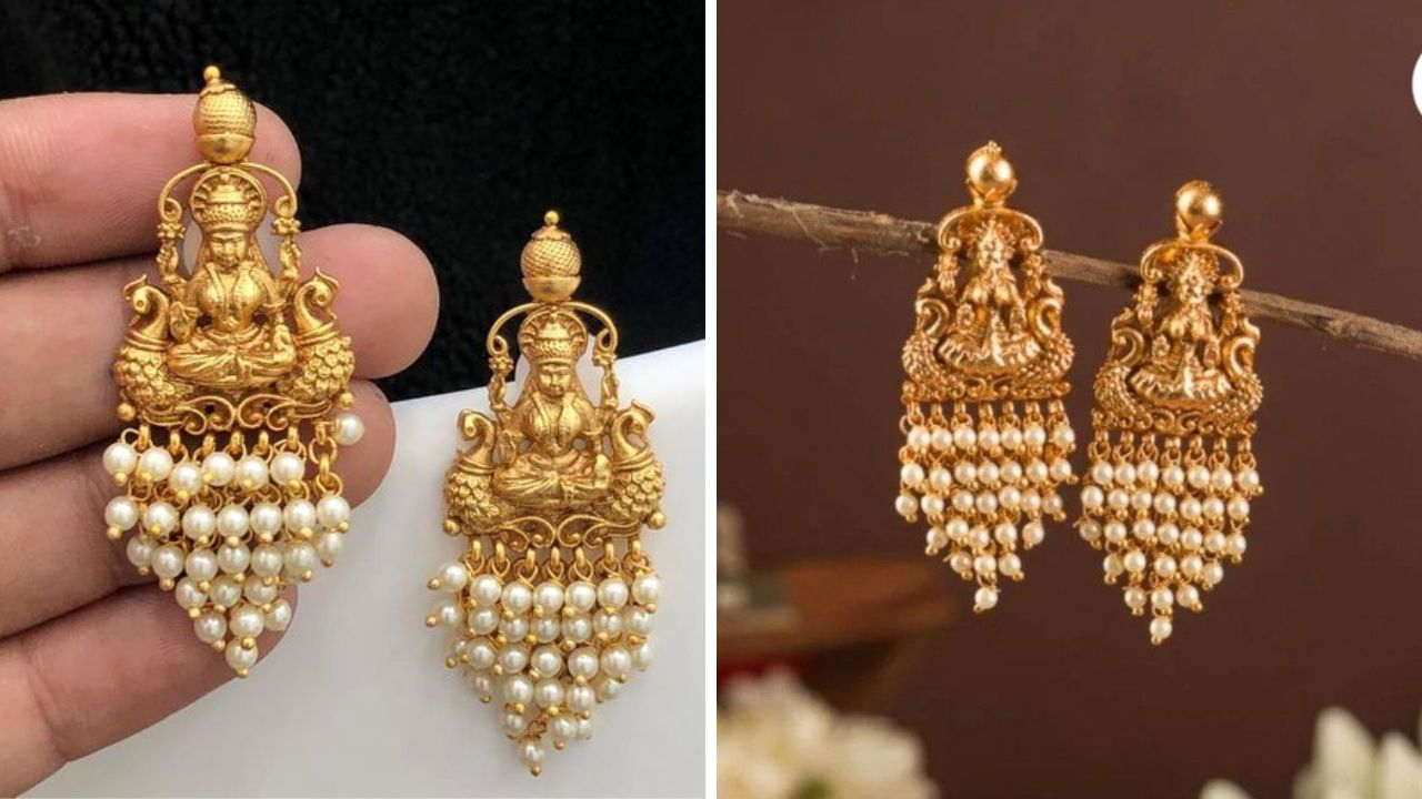 देवी सरस्वतीच्या आकारातील मोत्याचे कानातले कांजीवरम साडीवर खुलून दिसतील. या दागिन्यांना टेम्पल ज्वेलरी असे सुद्धा म्हणतात. 