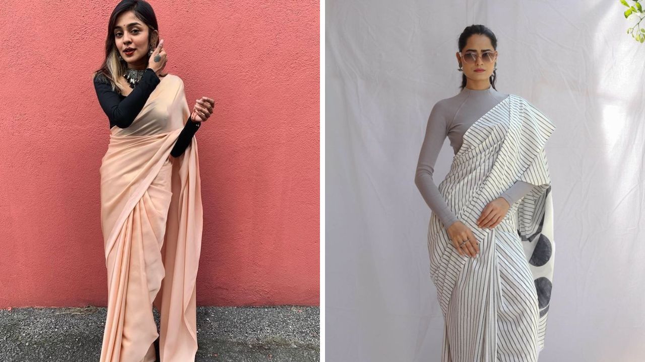 व्ही-नेक लेयर्ड क्रॉप टॉप साडीवर किंवा लॉंग स्कर्ट दोन्हीवर कॅरी करू शकता. व्ही-नेक लेयर्ड क्रॉप टॉप डिझायनरमी, प्रिंट साड्यांवर शोभून दिसतो.