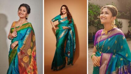 यंदाच्या दिवाळीत आकर्षक आणि सुंदर दिसण्यासाठी खरेदी करा ‘या’ डिझाईनच्या मोरपंखी साड्या, लुक दिसेल हटके