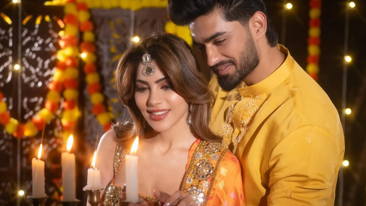 केसात मांगटिका लावला असून अरबाजसह पोझ देताना निक्कीच्या चेहऱ्यावर झळकलेली प्रेमाची लाली वेगळाच लुक देत आहे 