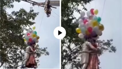 असा प्री-वेडिंग शूट होणे नाही…! साजशृंगार केला, फुगे घेतले अन् क्रेनला लटकून कपलने केलं अनोखं शूट; Video Viral