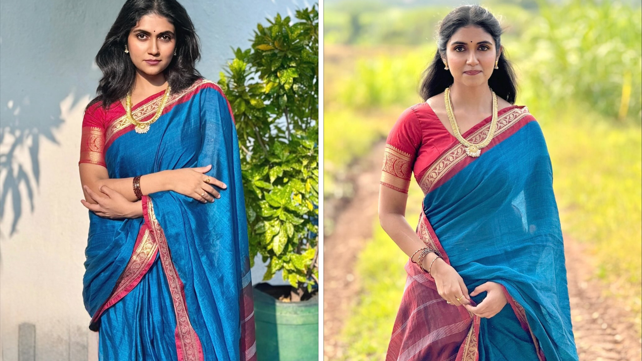या साडीसह तिने लाल रंगाचा गोल्डन बॉर्डर असणारा ब्लाऊज परिधान केला आहे आणि त्यासह हातात गावातील बायकांसारख्या हिरव्या बांगड्या घातल्या आहेत 