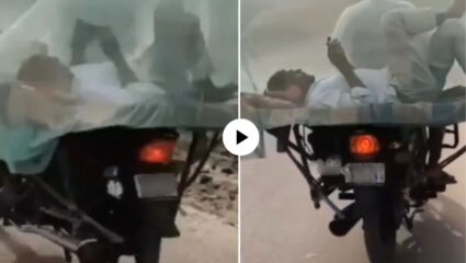 Next Level जुगाड! बाईकवर बसवली खाट, त्यात पठ्ठ्याचा राजेशाही थाट; पाहून युजर्स हैराण, Video Viral