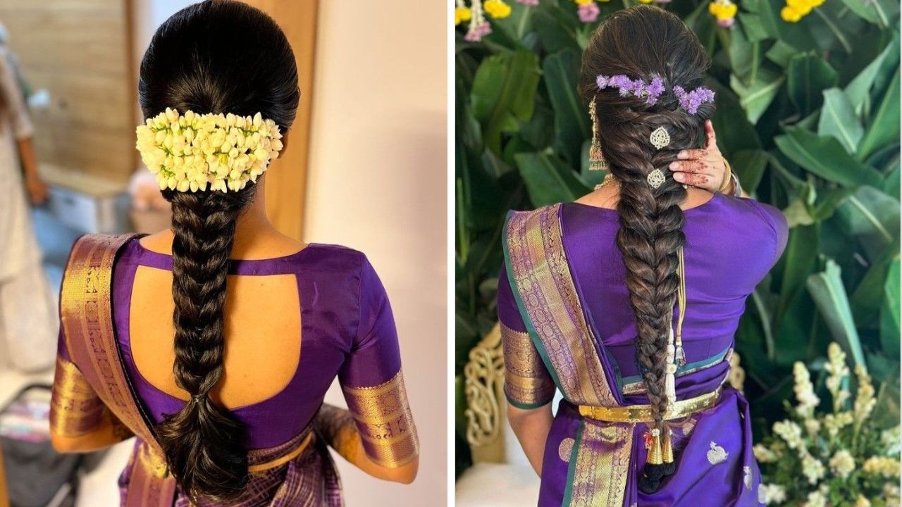 साडी नेसल्यानंतर किंवा कोणताही ट्रेडीशनल साडी नेसल्यानंतर तुम्ही या पद्धतीने सुंदर आणि आकर्षक वेणी हेअर स्टाईल करू शकता. वेणी घातल्यानंतर गजरा आणि कोणतीही रंगीत फुले लावल्यास केस अतिशय सुंदर दिसतील. 