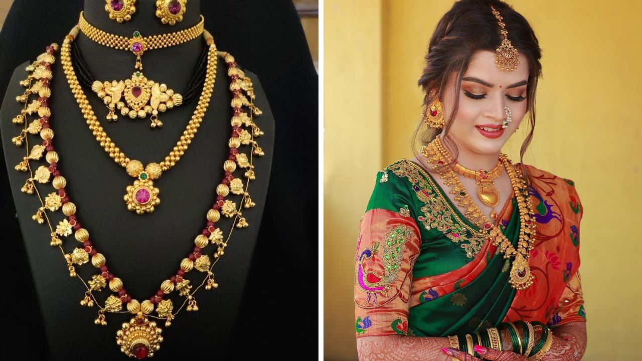 काहींना पारंपरिक दागिने घालायला खूप आवडतात. त्यामुळे तुम्ही नऊवारी साडीवर कोल्हापूरी साज परिधान करू शकता. नक्षीदार सोन्याच्या माळा परिधान करून फॅशनेबल लुक करू शकता. 