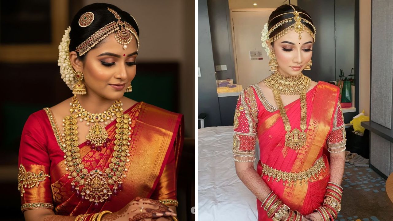 कांजीवरम स्लिक किंवा इतर कोणत्याही स्लिक साड्या नेसण्यानंतर त्यावर टेम्पल ज्वेलरी घातल्यास तुम्ही अतिशय सुंदर आणि उठावदार दिसाल. कांजीवरम साडीवरील लुक लग्नाच्या रिसेप्शनमध्ये सुंदर दिसेल.  