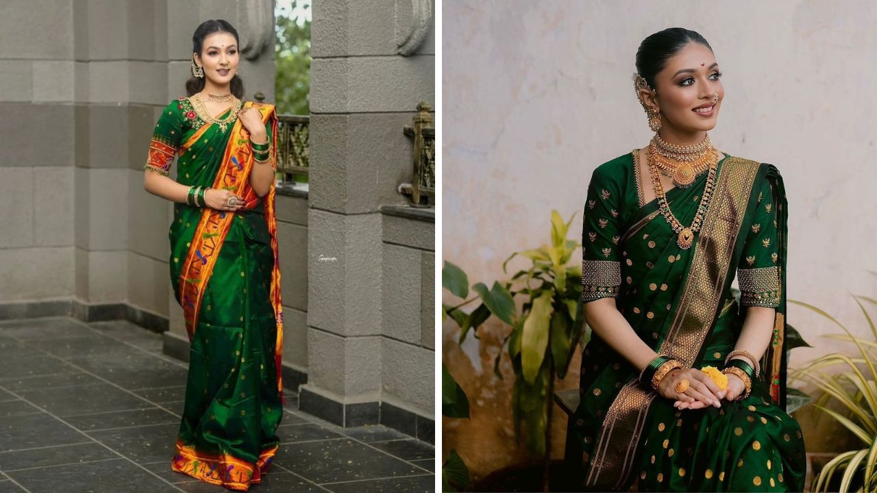 हिरव्या रंगाची पैठणी साडी सध्या ट्रेंडींगला आहे. साखरपुडा, हळदी समारंभ किंवा लग्नातील इतर कार्यक्रमांमध्ये तुम्ही हिरव्या रंगाची पैठणी साडी नेसू शकता.