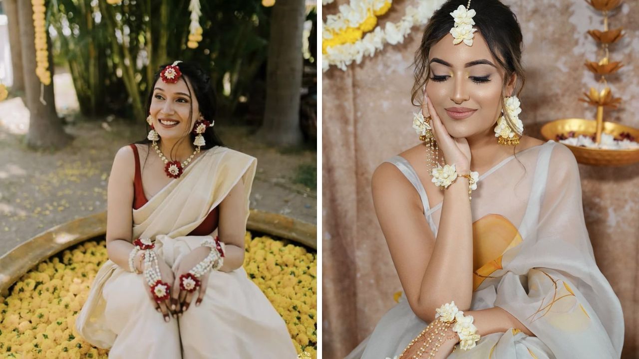 काहींना हळदी सोहळ्यात अतिशय युनिक लुक हवा असतो. अशावेळी तुम्ही पांढऱ्या रंगाची साडी नेसून त्यावर बारीक कळ्या असलेल्या फुलांचे दागिने घालू शकता. 