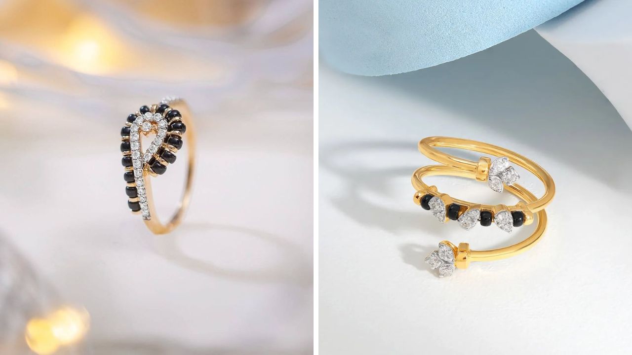 हातात काळ्या - सोनेरी मण्यांची मंगळसूत्र स्टाईल अंगठी अतिशय उठावदार आणि सुंदर दिसते. काळे मणी अंगठीची शोभा वाढवतात. 