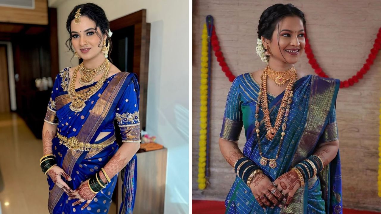 बाजारात रॉयल ब्लु रंगाच्या पैठणी साडीला खूप जास्त मागणी आहे. निळ्या रंगाची पैठणी तुम्ही कोणत्याही कॉन्ट्रास्ट ब्लाऊजवर स्टाईल करू शकता.