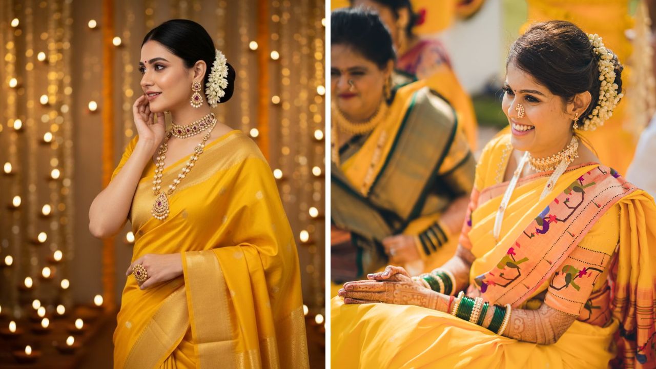 पिवळ्या रंगाच्या नऊवारी साडीवर तुम्ही कॉन्ट्रास्ट ब्लाऊज परिधान करू शकता. गुलाबी, लाल, हिरवा, जांभळा इत्यादी कोणत्याही रंगाचा ब्लाऊज उठावदार दिसेल.