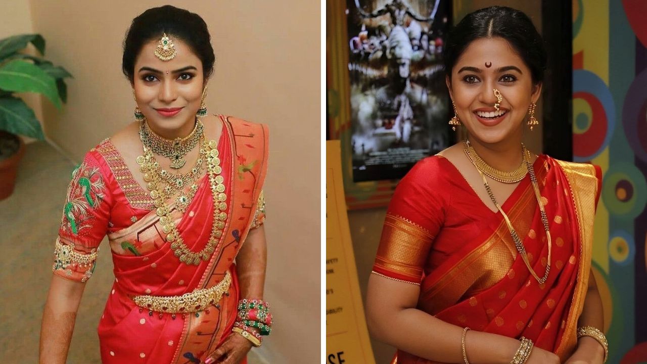 लाल रंग सगळ्यांचं खूप जास्त आवडतो. लाल रंगाच्या साडीवर तुम्ही हिरव्या रंगाचा किंवा पैठणी साडीला मॅच होईल असा ब्लाऊज शिवून घेऊ शकता. लाल रंगाच्या साडीमध्ये रॉयल लुक दिसतो.