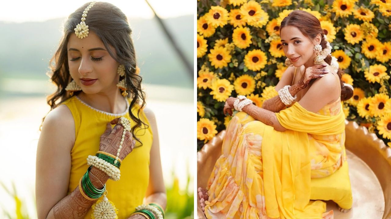 हळदीचा लुक आणखीनच सुंदर करण्यासाठी तुम्ही ड्रेस किंवा शरारा सुद्धा घालू शकता. पिवळ्या रंगाच्या ड्रेसवर पांढऱ्या फुलांचे किंवा इतर कोणत्याही रंगाचे दागिने अतिशय सुंदर दिसतात. 