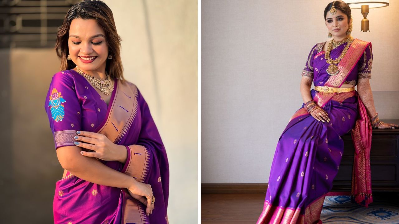 जांभळा रंग सर्वच त्वचा प्रकारावर अतिशय सुंदर दिसतो. लग्नात जांभळ्या रंगाच्या पैठणी साडीवरील लुक आणखीनच सुंदर करण्यासाठी सोन्याचे किंवा मोत्याचे दागिने तुम्ही घालू शकता.