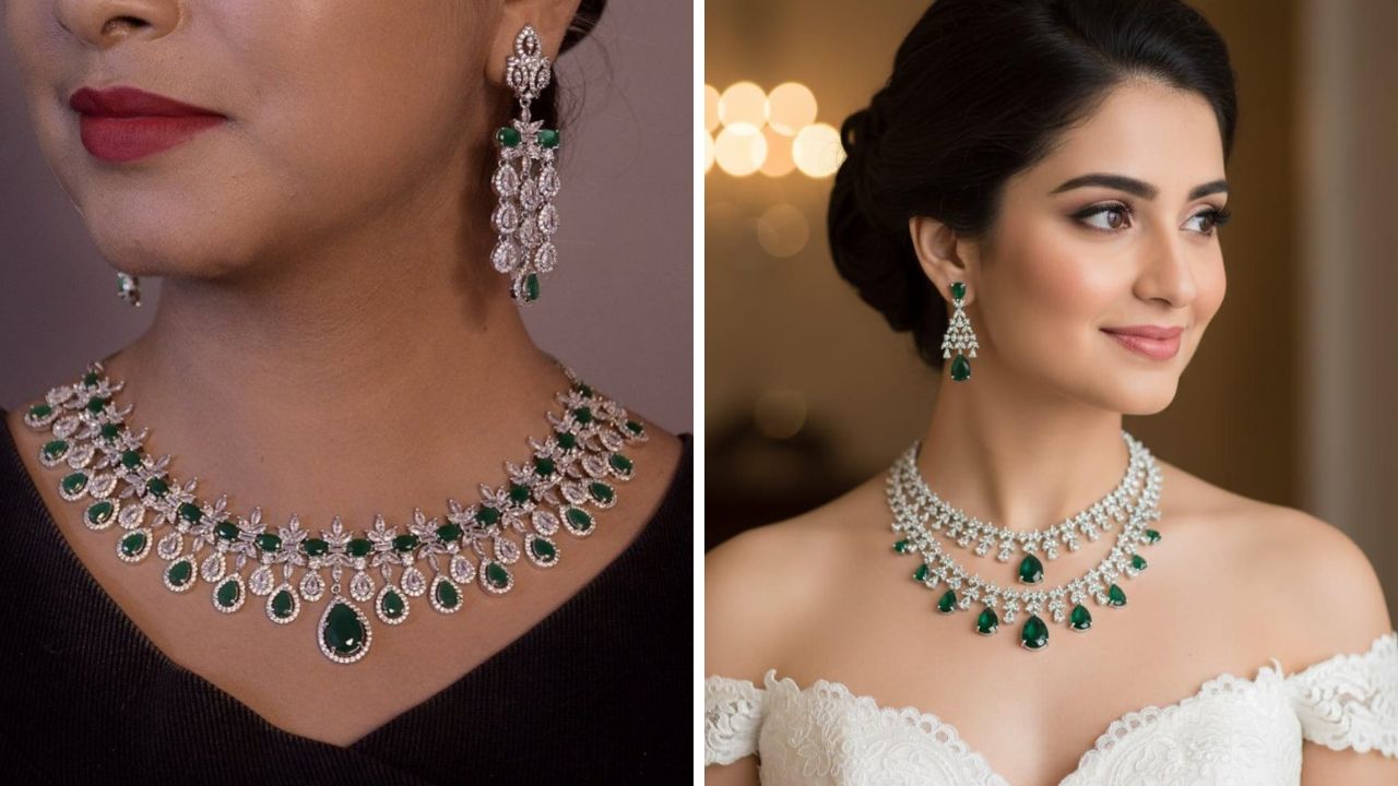 लेहेंगा किंवा रिसेप्शन साडीवर तुम्ही अमेरिकन डायमंड सेट घालू शकता. अमेरिकन डायमंड सेट कोणत्याही डिझायनर साडीवर किंवा ड्रेसवर अतिशय सुंदर दिसतो.