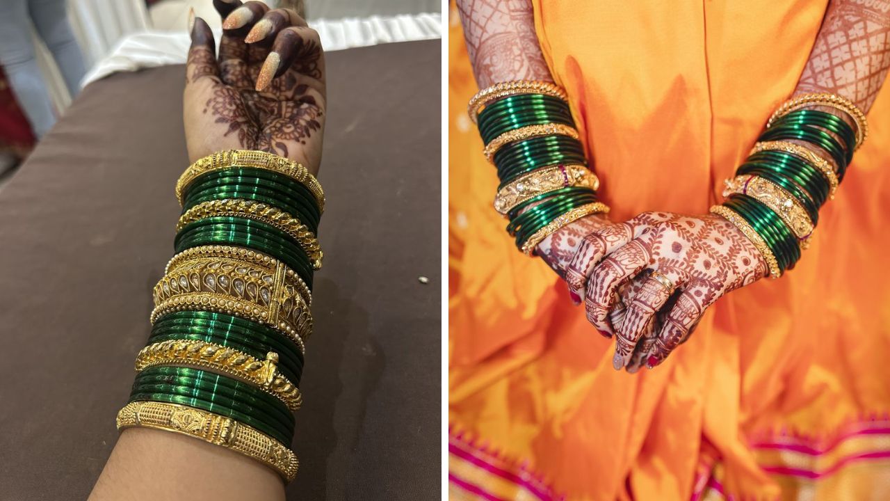 लग्नातील चुडा भरताना तुम्ही हिरव्या बांगड्यांच्या मध्ये सोन्याचे गोठ किंवा तोडे घालू शकता. यामुळे हात भरलेले दिसतील आणि हातांची शोभा वाढेल. 