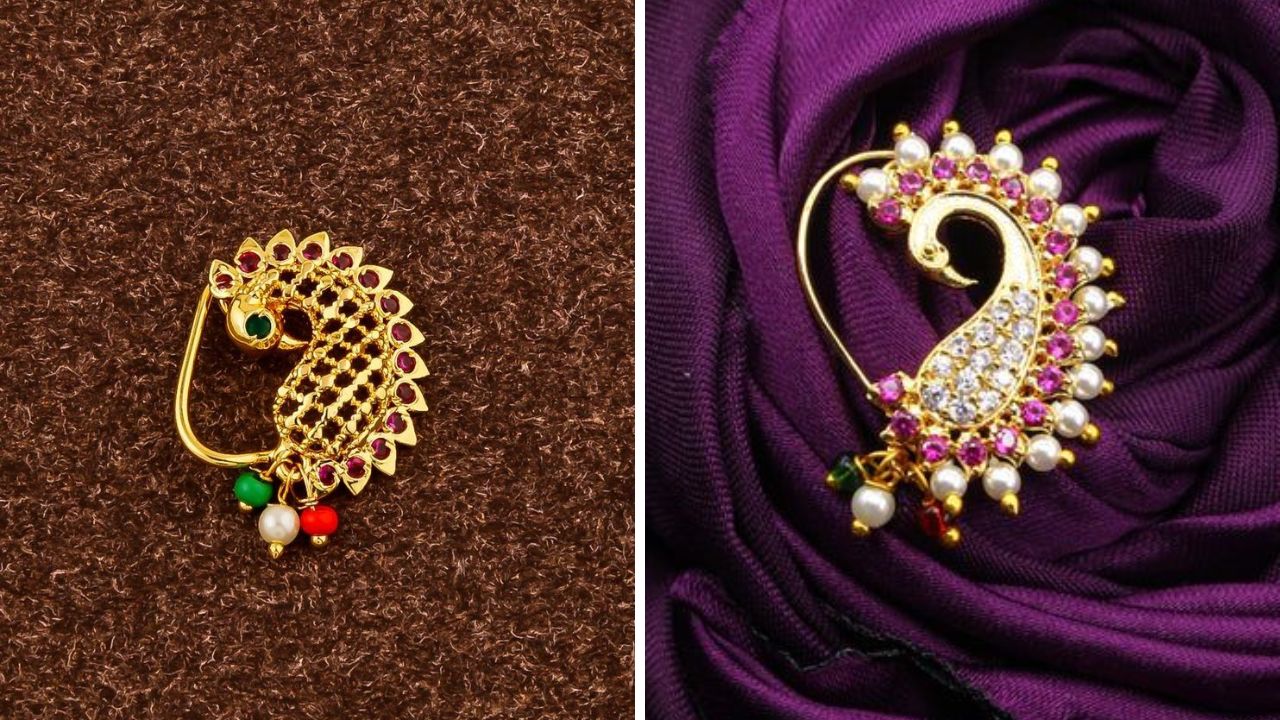 मोत्याच्या मण्यांमध्ये गुंफलेली मोराची नथ नऊवारी साडीवर अतिशय सुंदर दिसेल. नथीमध्ये असलेले डायमंड लुक आणखीनच स्टायलिश आणि मराठमोळा करतात.