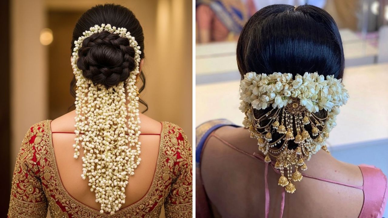 लग्नातील नऊवारी किंवा सहावारी साडीवर तुम्ही बन बांधल्यास या पद्धतीने गजरा लावू शकता. गजऱ्यासोबतच कोणतीही हेअर ब्रोच लावल्यास केस आकर्षक दिसतील.