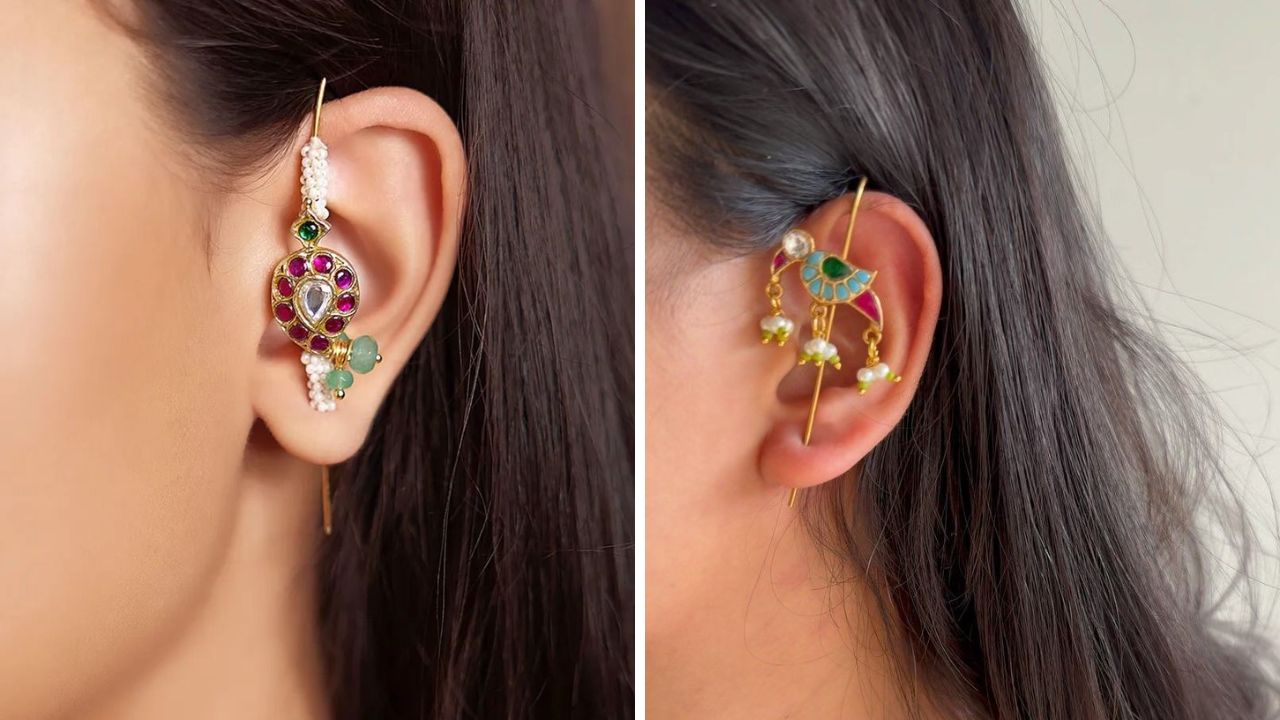 कुंदन नेकलेस प्रमाणेच कुंदन नीडल इअरकफ सुद्धा बाजारात उपलब्ध आहेत. लेहेंगा किंवा कोणतेही हेवी कानातले परिधान केल्यानंतर तुम्ही या डिझाईनचे नीडल इअरकफ घालू शकता.