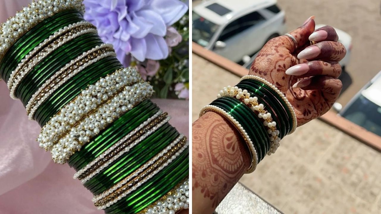 नऊवारी साडीवर पारंपरिक आणि मराठमोळा लुक हवा असेल तर तुम्ही हिरव्या बांगड्यांच्या मध्ये मोत्याच्या नाजूक साजूक बांगड्या घालू शकता. मोत्याचे तोडे हिरव्या बांगड्यांच्या पुढे घालावेत. 