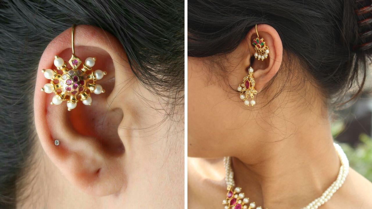 नऊवारी साडीवर मोत्याच्या बुगड्या अतिशय सुंदर दिसतात. या डिझाईनच्या मोती बुगड्या कानांची शोभा वाढवतात.