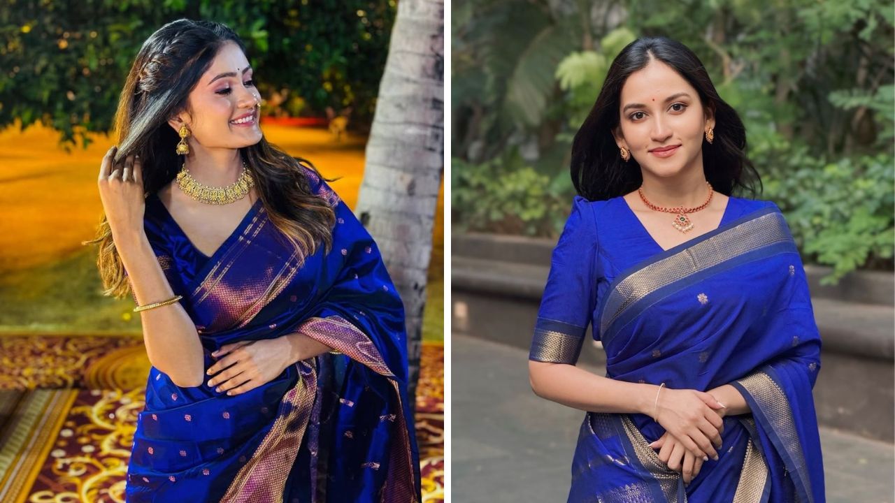 सावल्या रंगाची त्वचा असलेल्या महिलांवर रॉयल ब्लु रंग अतिशय उठावदार आणि सुंदर दिसतो. या नैसर्गिक रंगाची साडी नेसल्यास त्वचेवर ग्लो येईल.