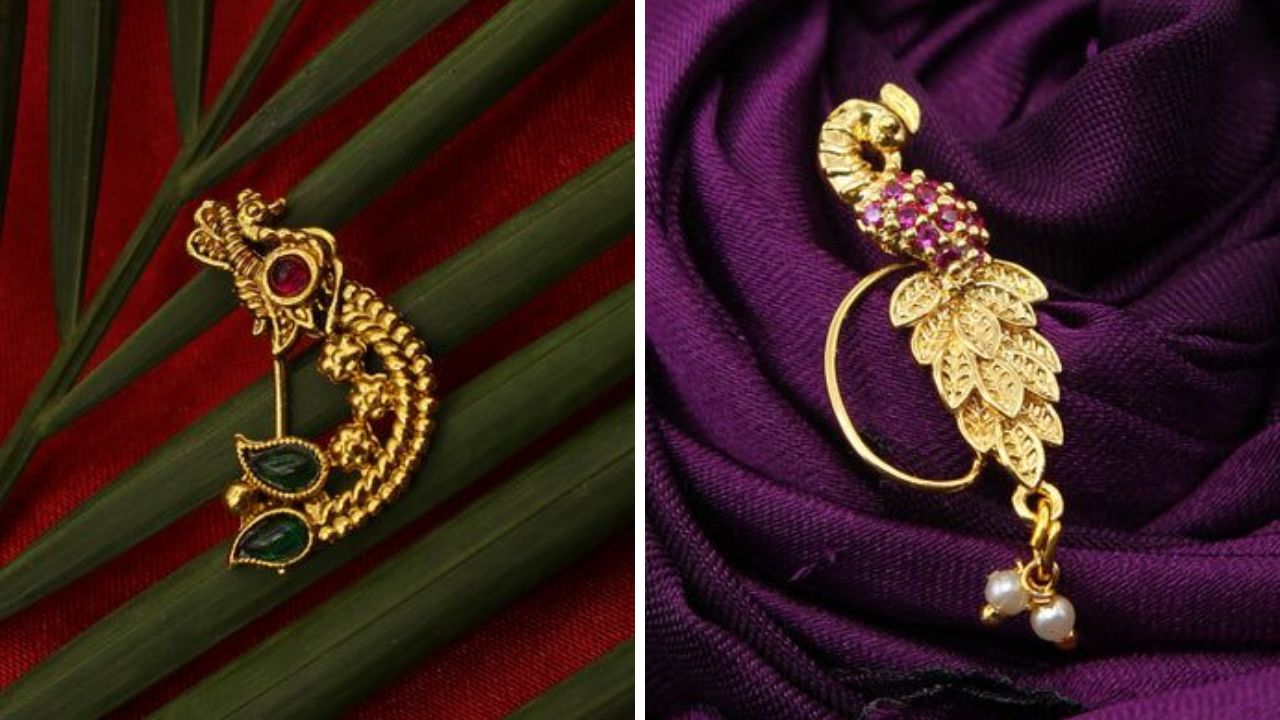 मोराचा सुबक आकार आणि आजुबाजुला जडविण्यात आलेले खडे नथीची शोभा वाढवतात. ही आगळी वेगळी डिझाईन घातल्यास सगळेच तुमच्याकडे पाहत बसतील.